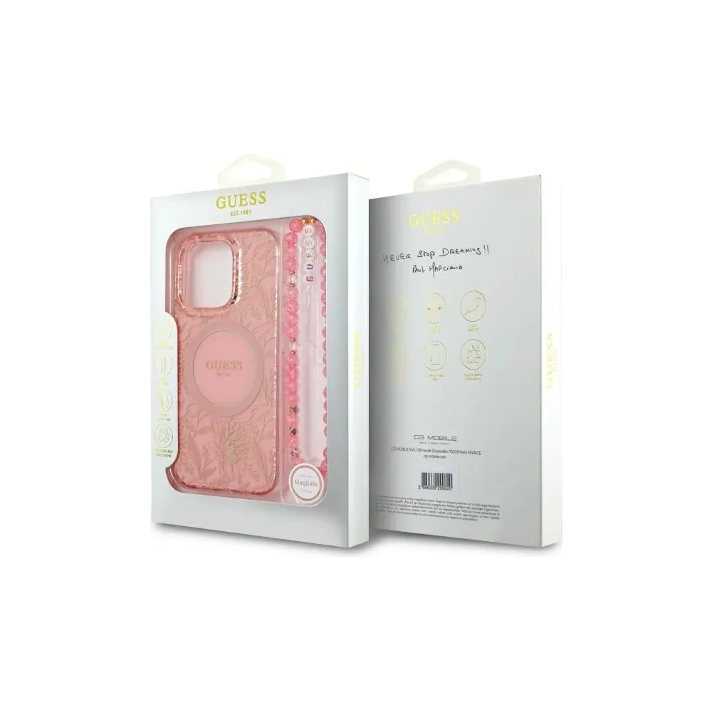 Etui Guess GUHMP16LHCPOFPP Apple iPhone 16 Pro hardcase IML Flowers Allover Electro With Pearl Strap MagSafe różowy/pink
