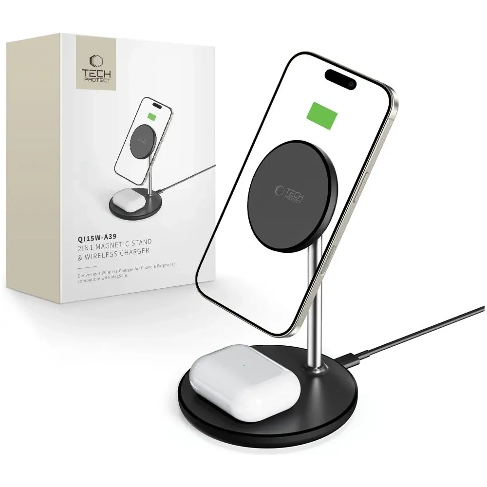 Ładowarka bezprzewodowa Tech-Protect QI15W-A39 2in1 Magnetic MagSafe Wireless Charger Black