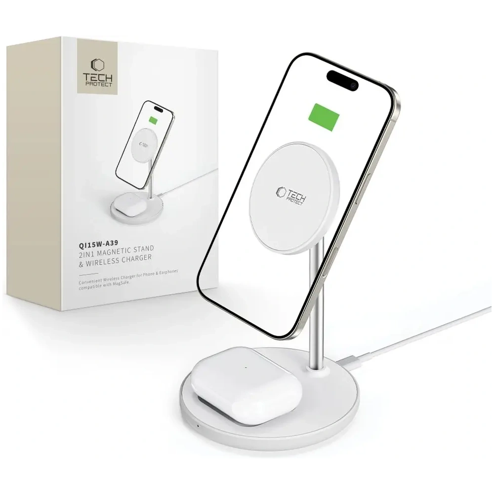 Ładowarka bezprzewodowa Tech-Protect QI15W-A39 2in1 Magnetic MagSafe Wireless Charger White