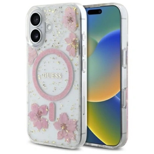 Buy Guess GUHMP16SRBFGFGMP Apple iPhone 16 hardcase Resin Flower Glitter MagSafe pink - GUE4209 - {ean13} - Home Screen Store Europe