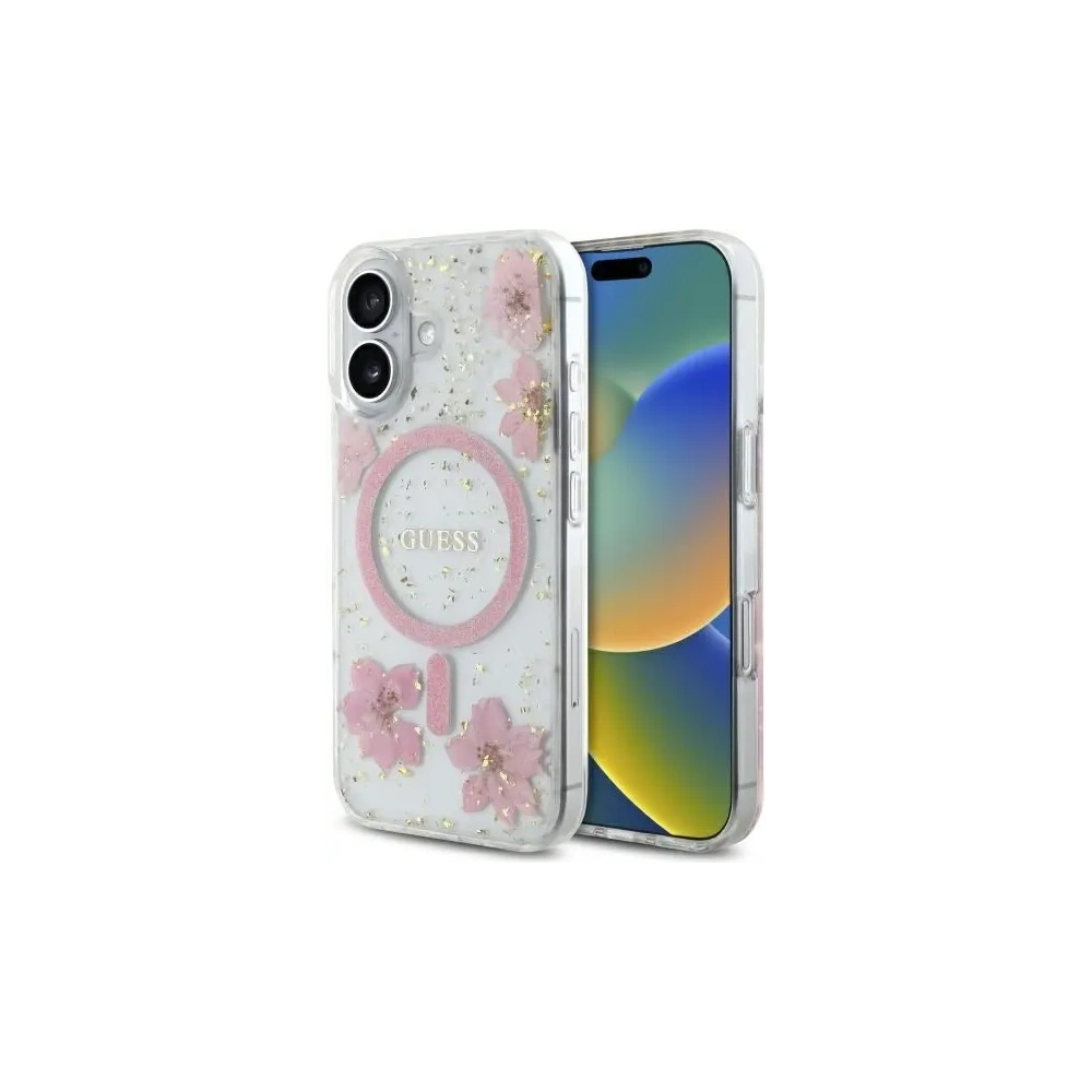 Etui Guess GUHMP16SRBFGFGMP Apple iPhone 16 hardcase Resin Flower Glitter MagSafe różowy/pink