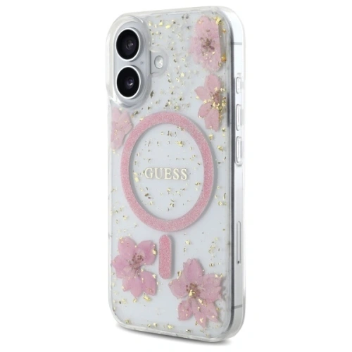 Buy Guess GUHMP16SRBFGFGMP Apple iPhone 16 hardcase Resin Flower Glitter MagSafe pink - GUE4209 - {ean13} - Home Screen Store Europe