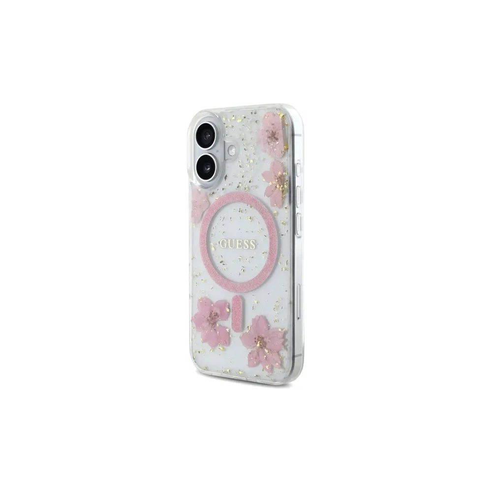 Etui Guess GUHMP16SRBFGFGMP Apple iPhone 16 hardcase Resin Flower Glitter MagSafe różowy/pink