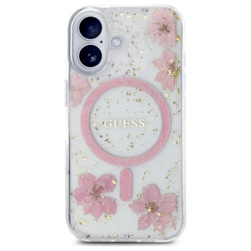 Buy Guess GUHMP16SRBFGFGMP Apple iPhone 16 hardcase Resin Flower Glitter MagSafe pink - GUE4209 - {ean13} - Home Screen Store Europe