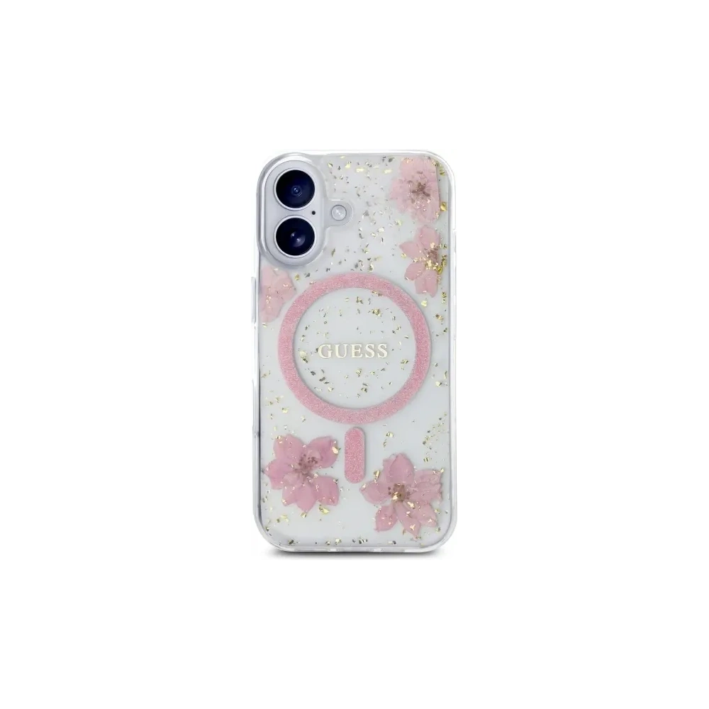 Etui Guess GUHMP16SRBFGFGMP Apple iPhone 16 hardcase Resin Flower Glitter MagSafe różowy/pink