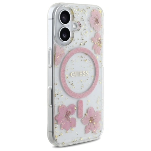 Buy Guess GUHMP16SRBFGFGMP Apple iPhone 16 hardcase Resin Flower Glitter MagSafe pink - GUE4209 - {ean13} - Home Screen Store Europe