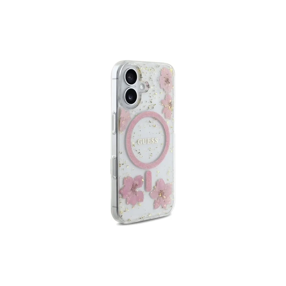 Etui Guess GUHMP16SRBFGFGMP Apple iPhone 16 hardcase Resin Flower Glitter MagSafe różowy/pink