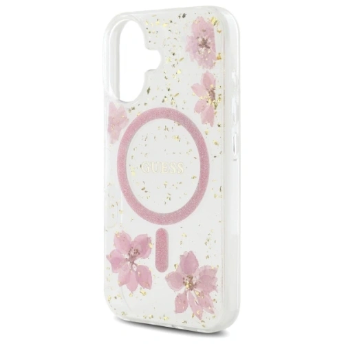Buy Guess GUHMP16SRBFGFGMP Apple iPhone 16 hardcase Resin Flower Glitter MagSafe pink - GUE4209 - {ean13} - Home Screen Store Europe