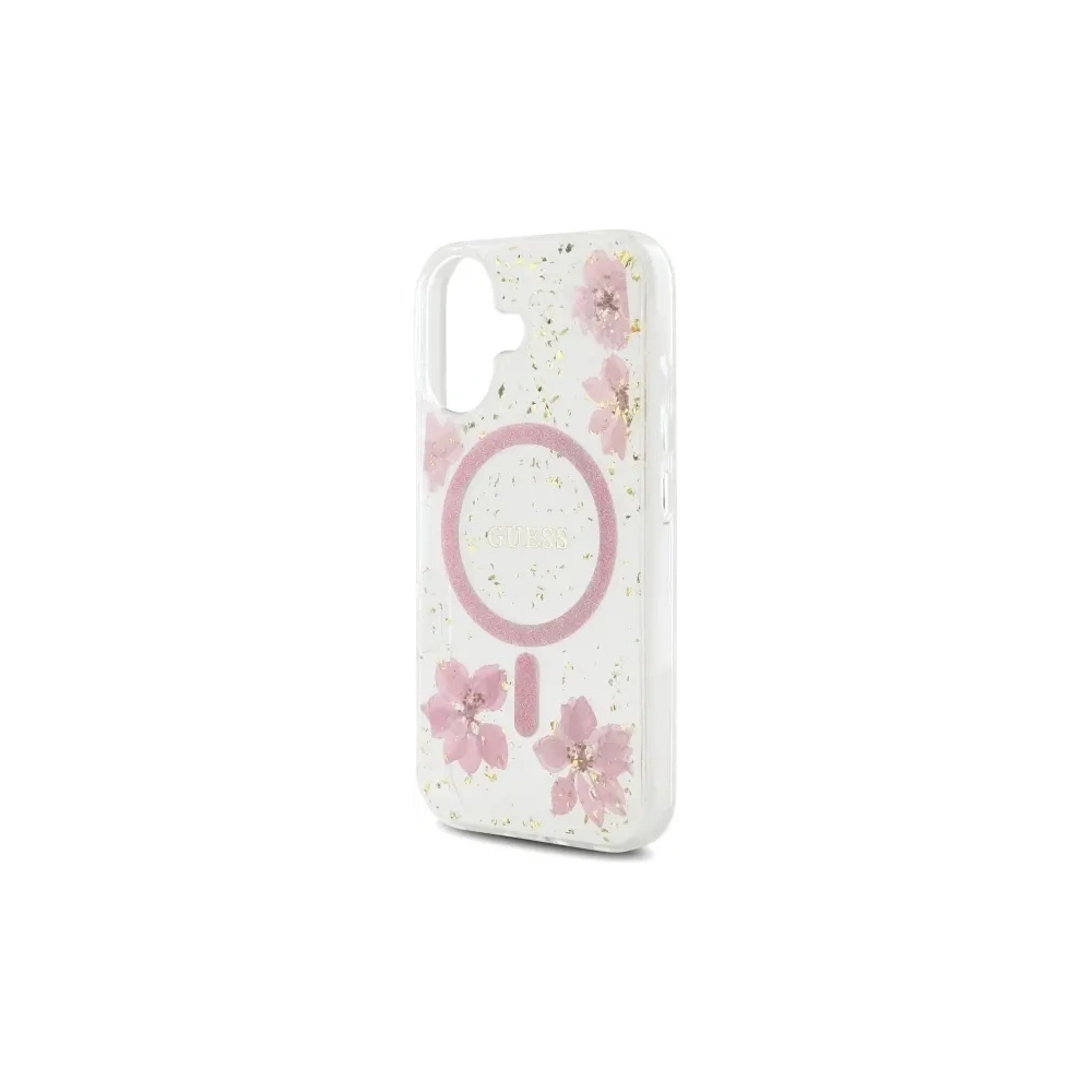 Etui Guess GUHMP16SRBFGFGMP Apple iPhone 16 hardcase Resin Flower Glitter MagSafe różowy/pink