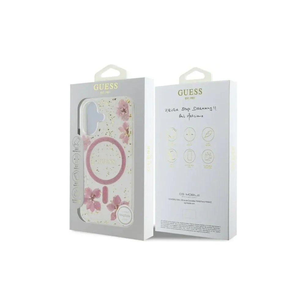 Etui Guess GUHMP16SRBFGFGMP Apple iPhone 16 hardcase Resin Flower Glitter MagSafe różowy/pink