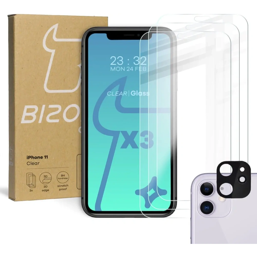 Szkło hartowane Bizon Glass Clear - 3 szt. + obiektyw Apple iPhone 11
