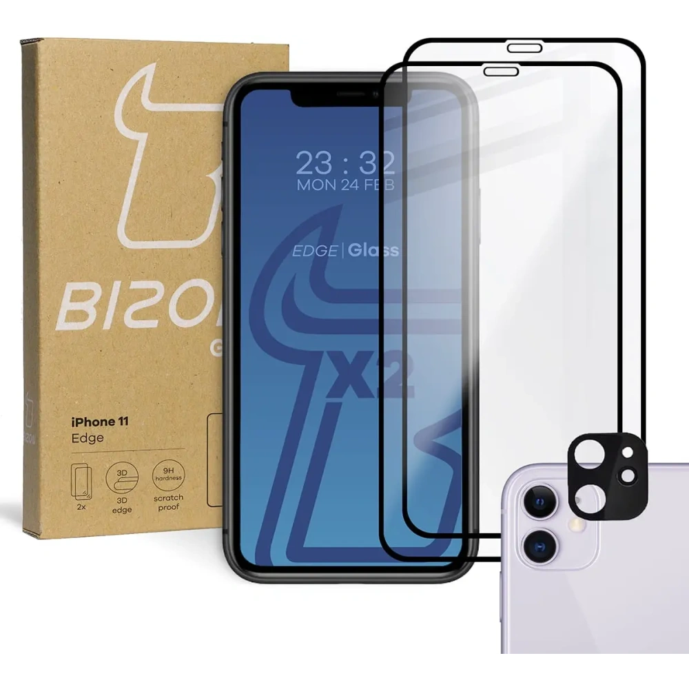 Szkło hartowane Bizon Glass Edge CF - [2 PACK] + ochrona na obiektyw Apple iPhone 11 czarne