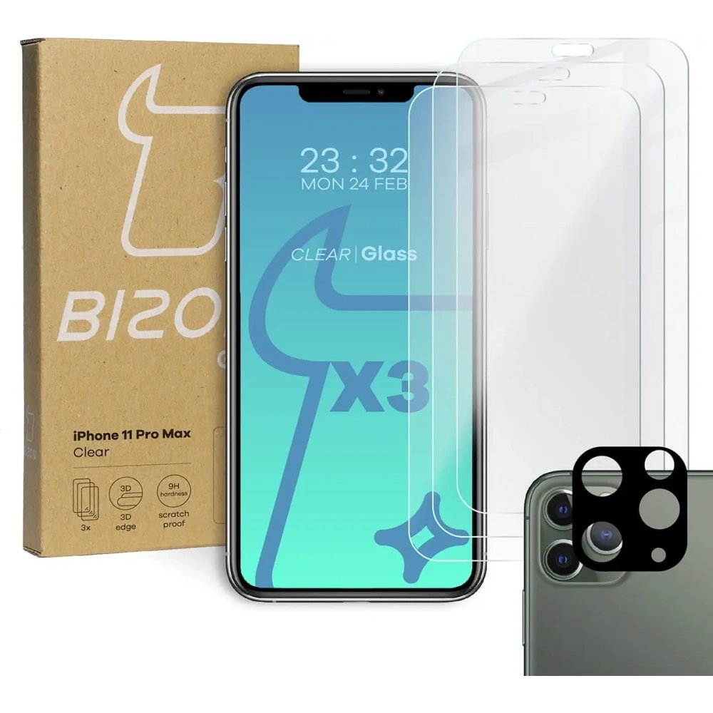 Szkło hartowane Bizon Glass Clear - 3 szt. + obiektyw Apple iPhone 11 Pro Max
