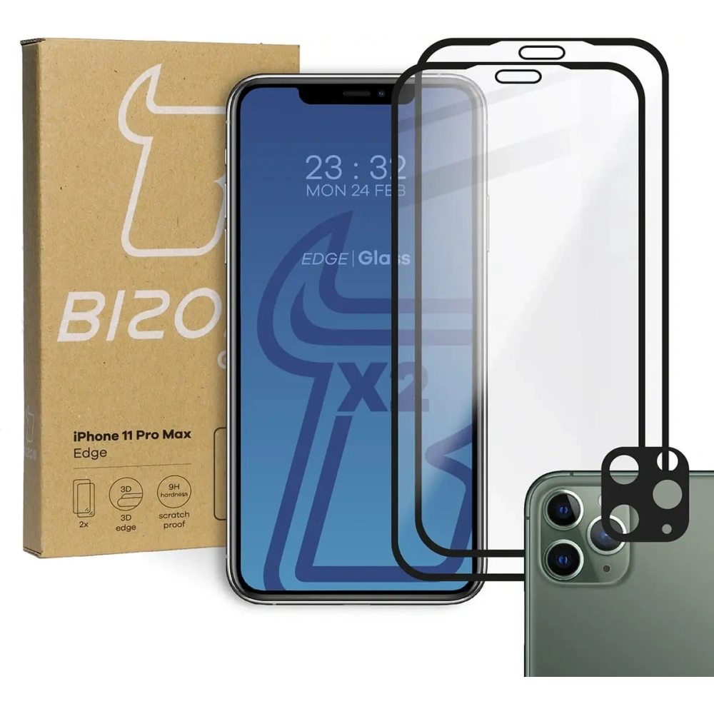 Szkło hartowane Bizon Glass Edge CF - [2 PACK] + ochrona na obiektyw Apple iPhone 11 Pro Max czarne
