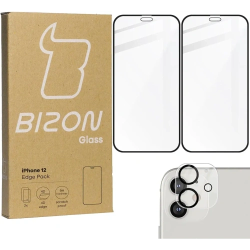 Kup Bizon Glass Edge CF edzett üveg - [2 Csomag] + lencsevédő Apple iPhone 12 fekete - BIZ117 - {ean13} - Sklep Home Screen