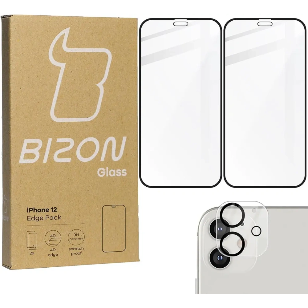 Szkło hartowane Bizon Glass Edge CF - [2 PACK] + ochrona na obiektyw Apple iPhone 12 czarne