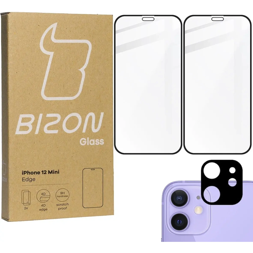 Szkło hartowane Bizon Glass Edge CF - [2 PACK] + ochrona na obiektyw Apple iPhone 12 Mini czarne