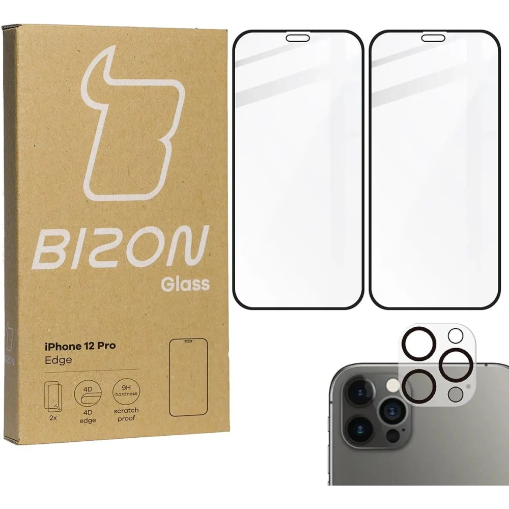 Szkło hartowane Bizon Glass Edge CF - [2 PACK] + ochrona na obiektyw Apple iPhone 12 Pro czarne