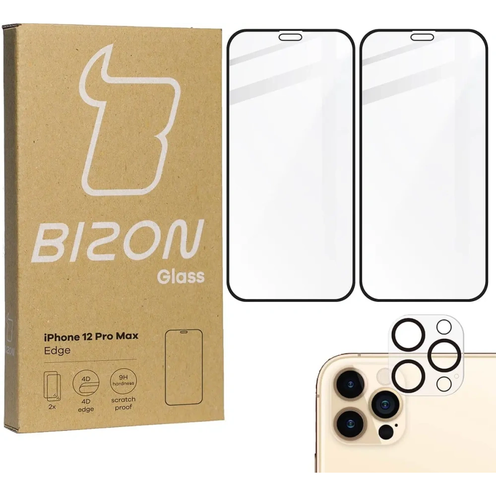 Szkło hartowane Bizon Glass Edge CF - [2 PACK] + ochrona na obiektyw Apple iPhone 12 Pro Max czarne