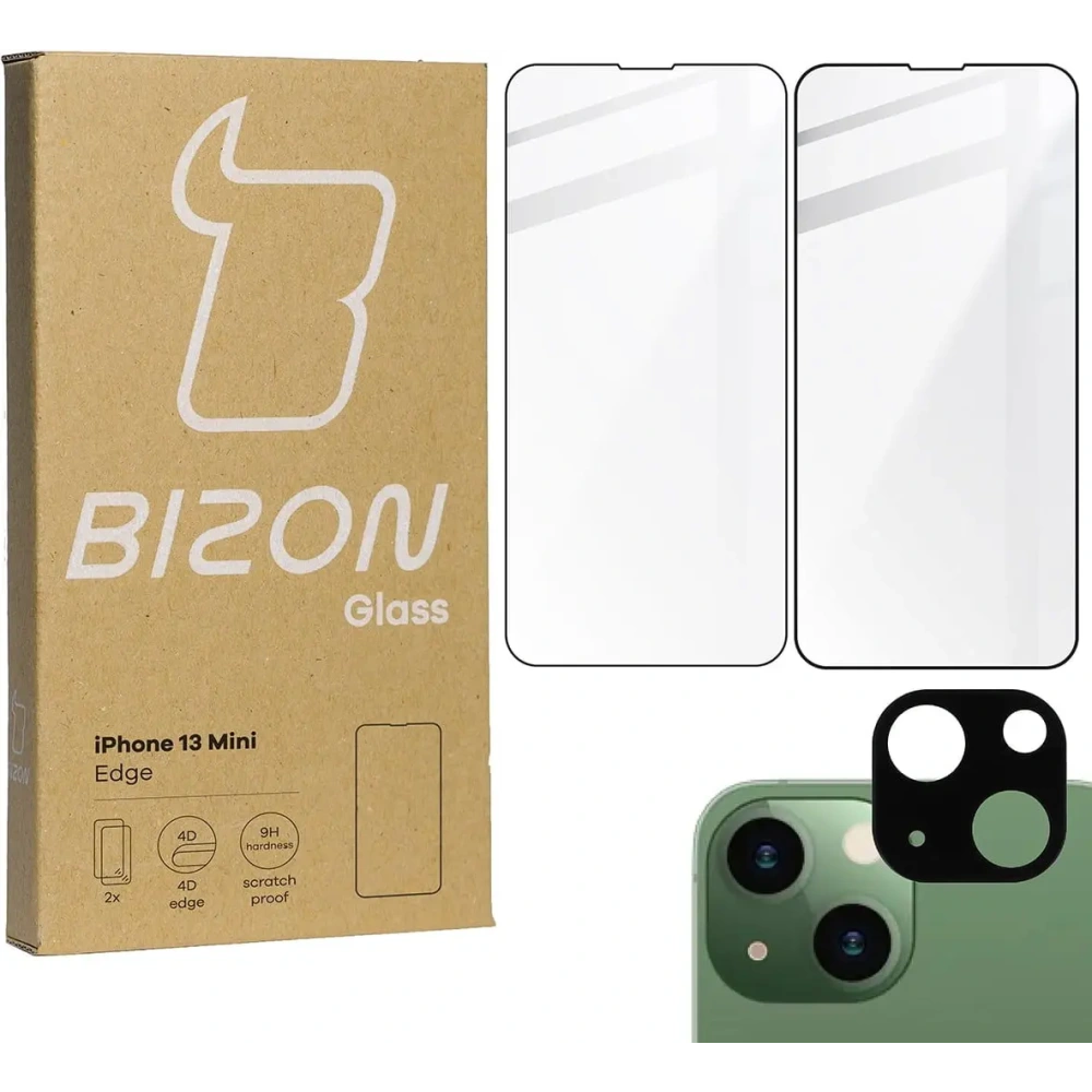 Szkło hartowane Bizon Glass Edge - [2 PACK] + ochrona na obiektyw Apple iPhone 13 Mini czarne