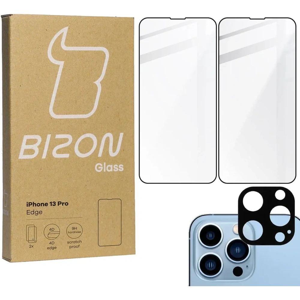 Szkło hartowane Bizon Glass Edge - [2 PACK] + ochrona na obiektyw Apple iPhone 13 Pro czarne