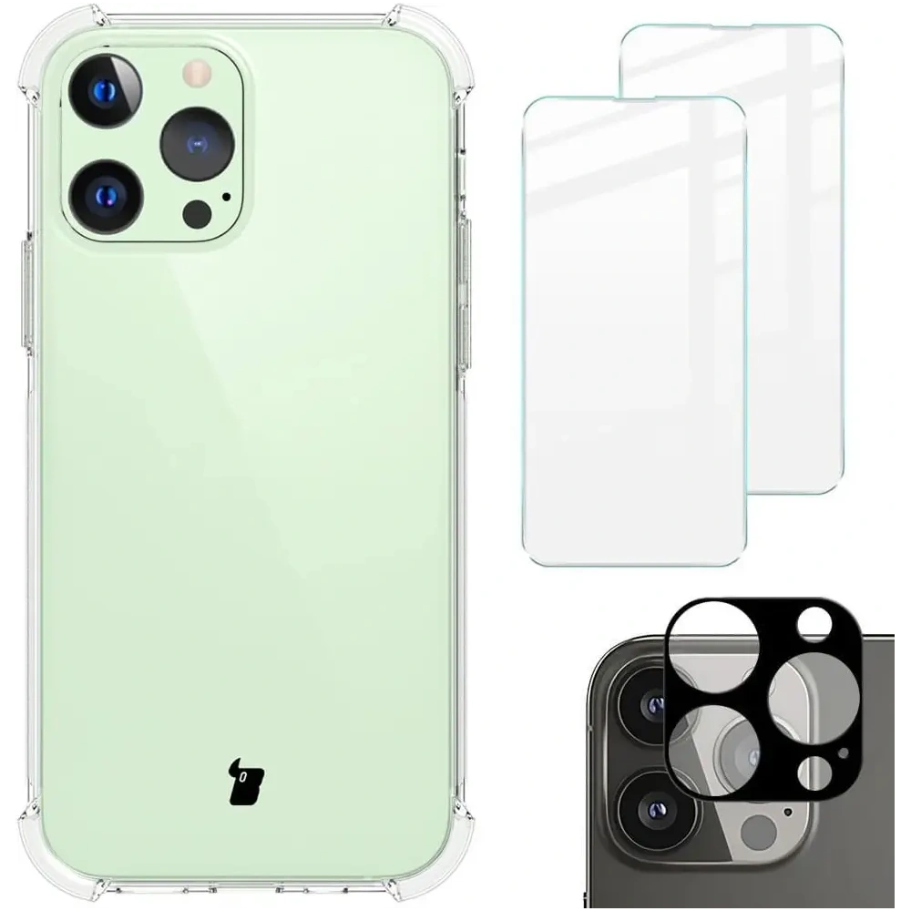Etui + 2x szkło na ekran + obiektyw Bizon Case Clear Pack do Apple iPhone 13 Pro przezroczyste
