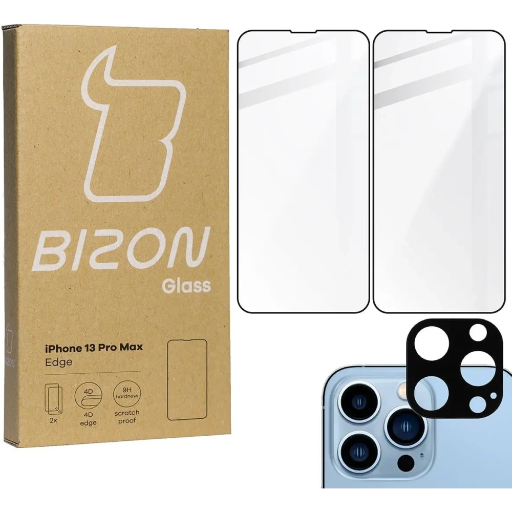 Szkło hartowane Bizon Glass Edge - [2 PACK] + ochrona na obiektyw Apple iPhone 13 Pro Max czarne