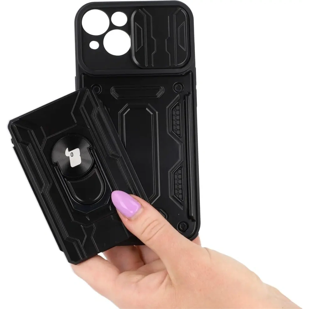 Etui Bizon Case Camshield Card Slot Ring do Apple iPhone 14 czarne