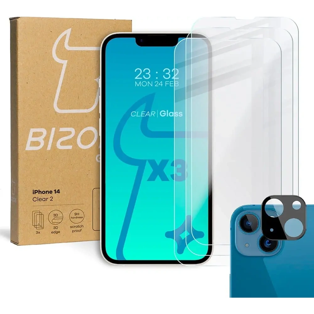 3x Szkło na ekran + szkło na aparat BIZON do Apple iPhone 14