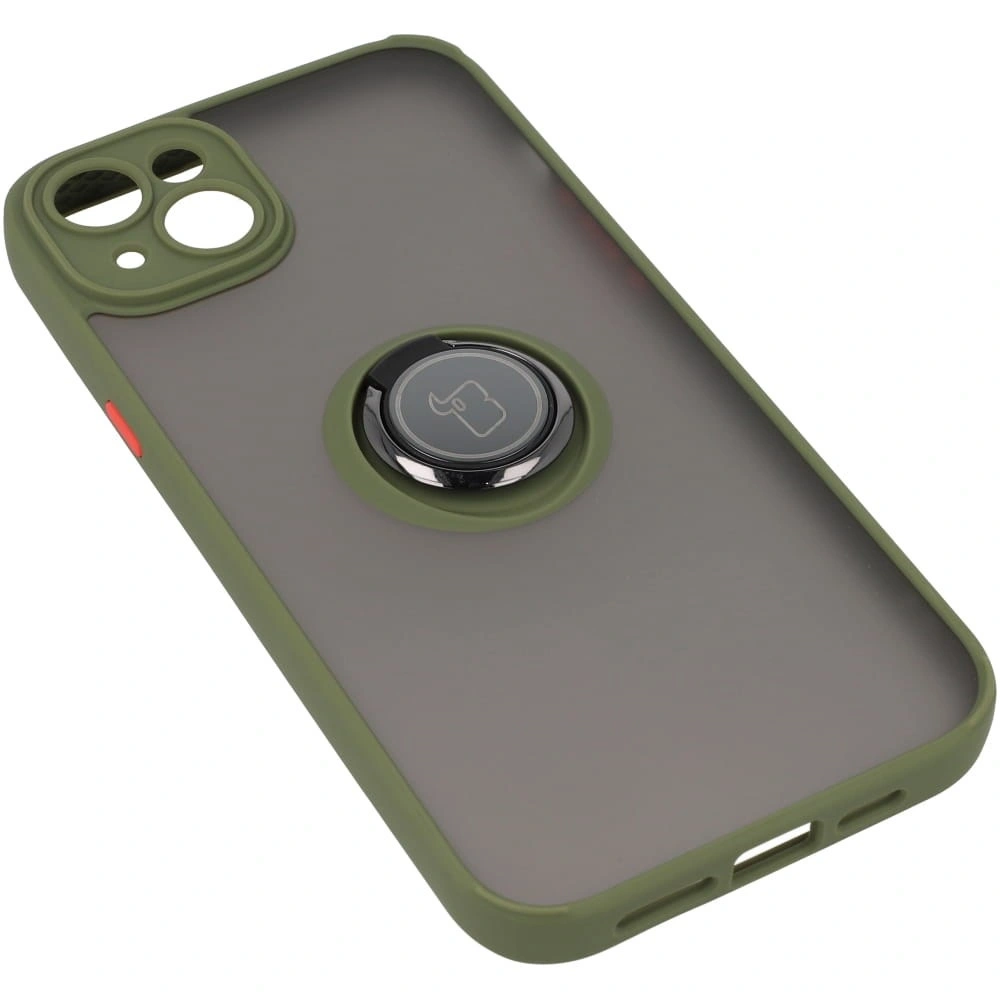 Etui z uchwytem na palec Bizon Case Hybrid Ring do Apple iPhone 14 Plus przydymione z zieloną ramką