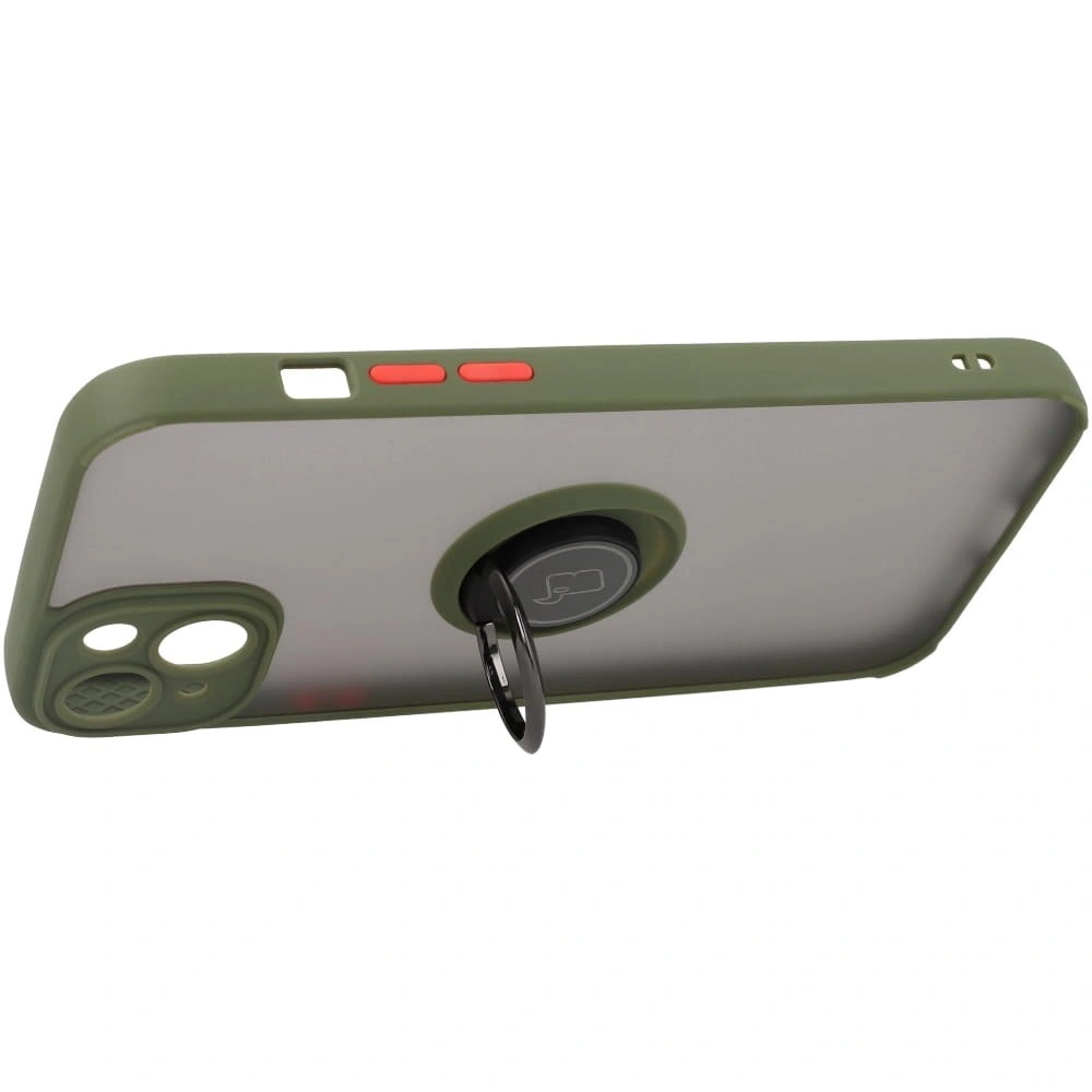 Etui z uchwytem na palec Bizon Case Hybrid Ring do Apple iPhone 14 Plus przydymione z zieloną ramką