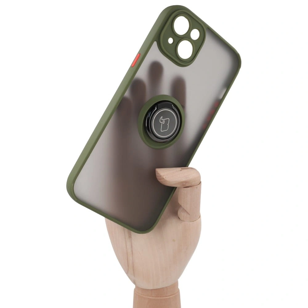 Etui z uchwytem na palec Bizon Case Hybrid Ring do Apple iPhone 14 Plus przydymione z zieloną ramką