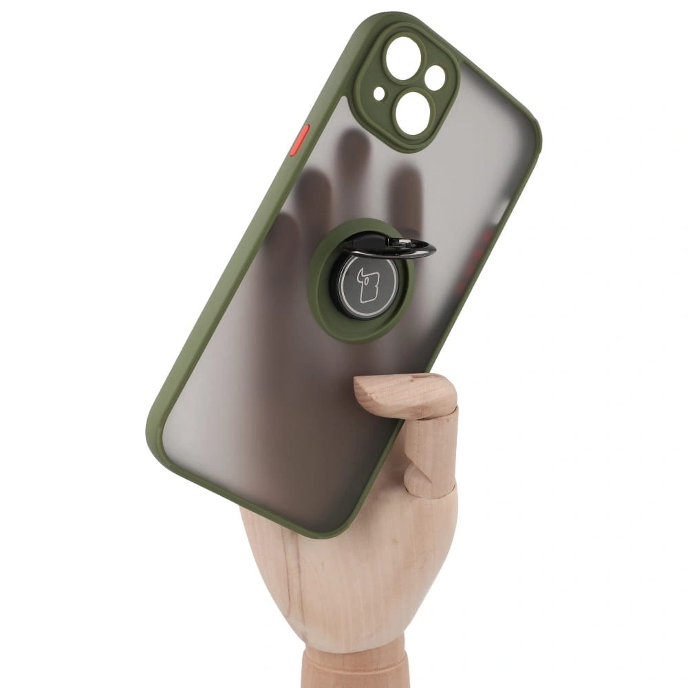 Etui z uchwytem na palec Bizon Case Hybrid Ring do Apple iPhone 14 Plus przydymione z zieloną ramką