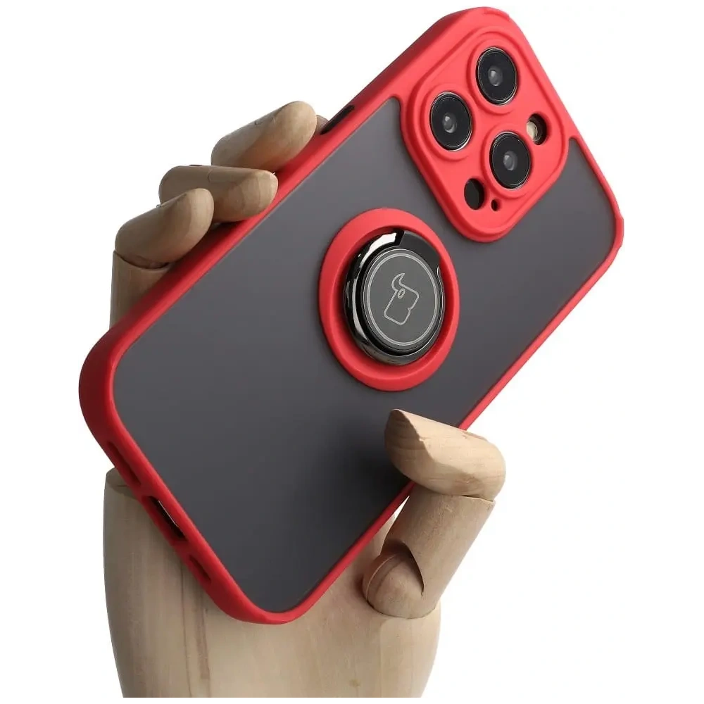 Etui z uchwytem na palec Bizon Case Hybrid Ring do Apple iPhone 14 Pro przydymione z czerwoną ramką