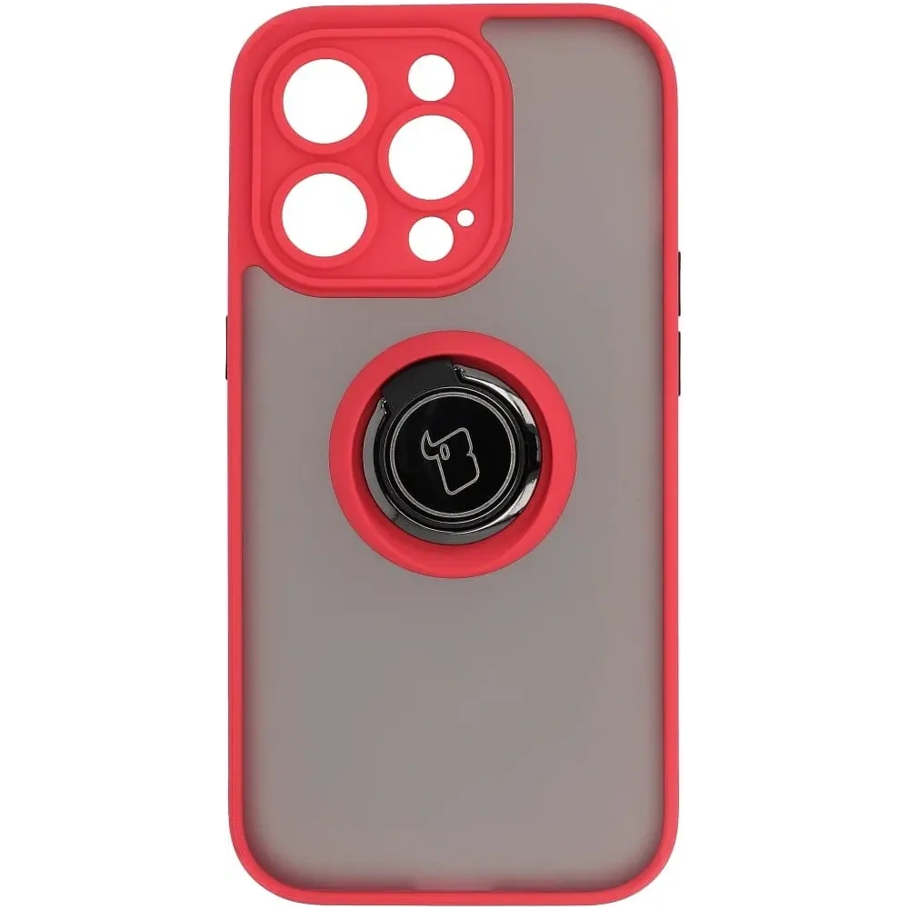 Etui z uchwytem na palec Bizon Case Hybrid Ring do Apple iPhone 14 Pro przydymione z czerwoną ramką