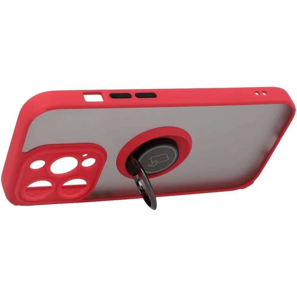 Etui z uchwytem na palec Bizon Case Hybrid Ring do Apple iPhone 14 Pro przydymione z czerwoną ramką