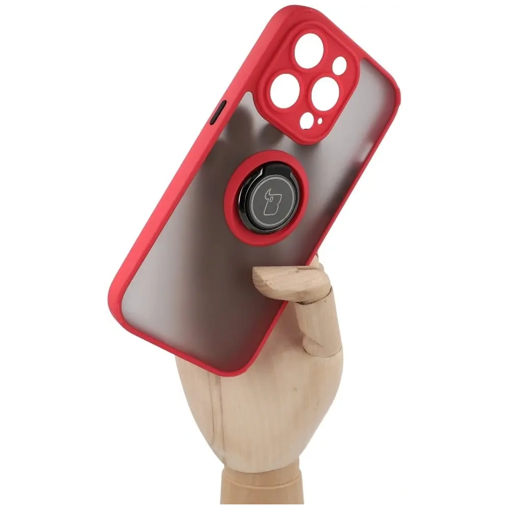 Etui z uchwytem na palec Bizon Case Hybrid Ring do Apple iPhone 14 Pro przydymione z czerwoną ramką