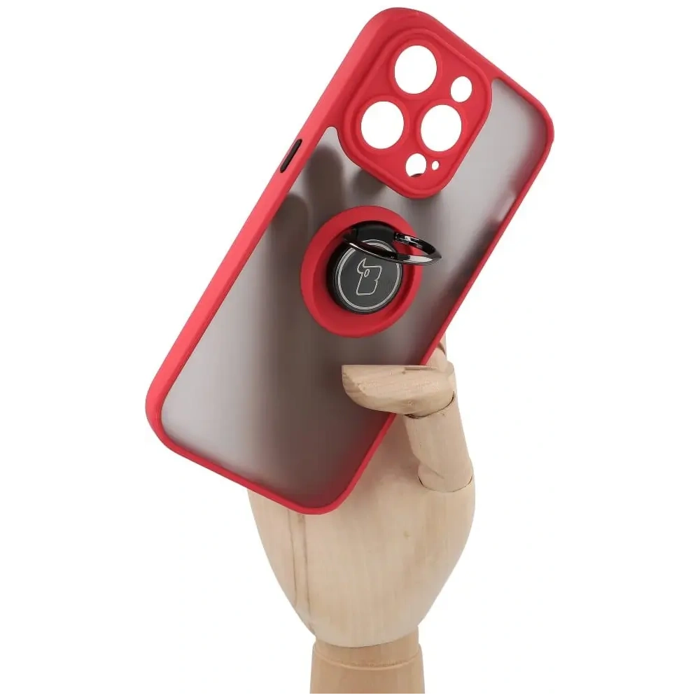 Etui z uchwytem na palec Bizon Case Hybrid Ring do Apple iPhone 14 Pro przydymione z czerwoną ramką