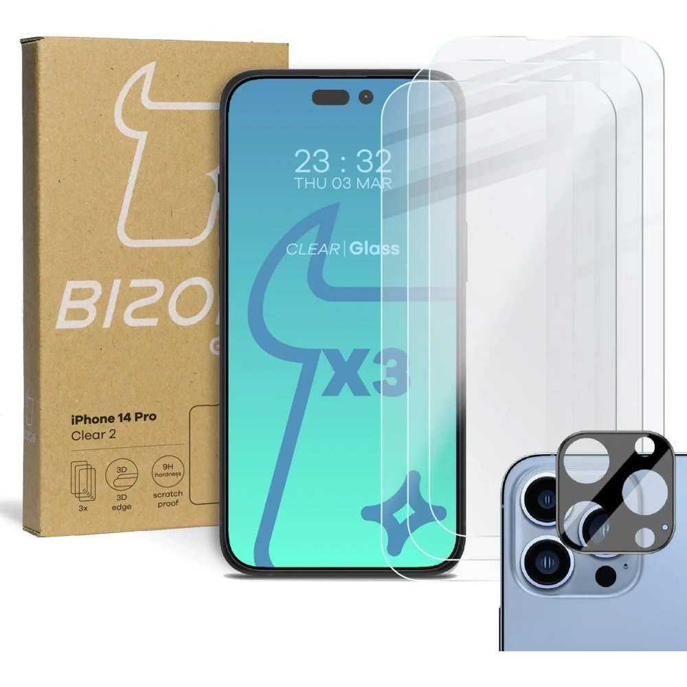 3x Szkło na ekran + szkło na aparat BIZON do Apple iPhone 14 Pro