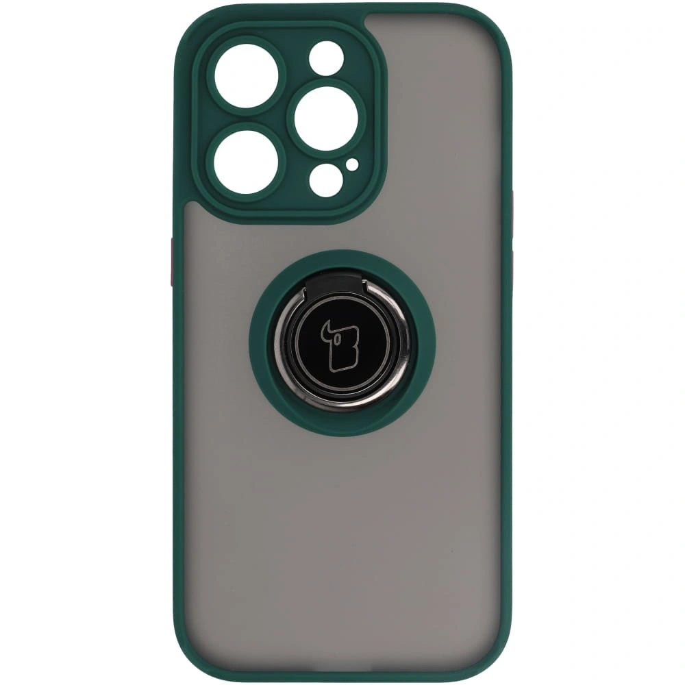 Etui z uchwytem na palec Bizon Case Hybrid Ring do Apple iPhone 14 Pro przydymione z ciemnozieloną ramką
