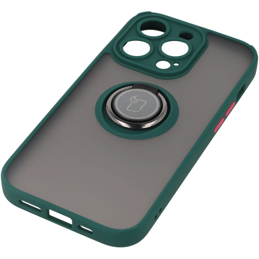 Etui z uchwytem na palec Bizon Case Hybrid Ring do Apple iPhone 14 Pro przydymione z ciemnozieloną ramką