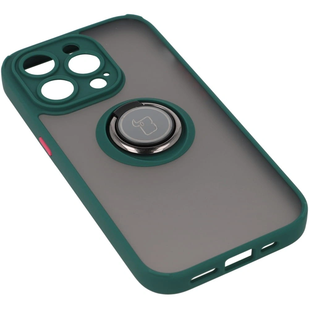 Etui z uchwytem na palec Bizon Case Hybrid Ring do Apple iPhone 14 Pro przydymione z ciemnozieloną ramką