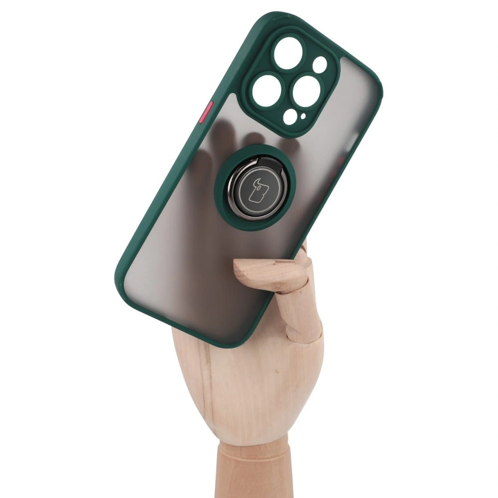 Etui z uchwytem na palec Bizon Case Hybrid Ring do Apple iPhone 14 Pro przydymione z ciemnozieloną ramką