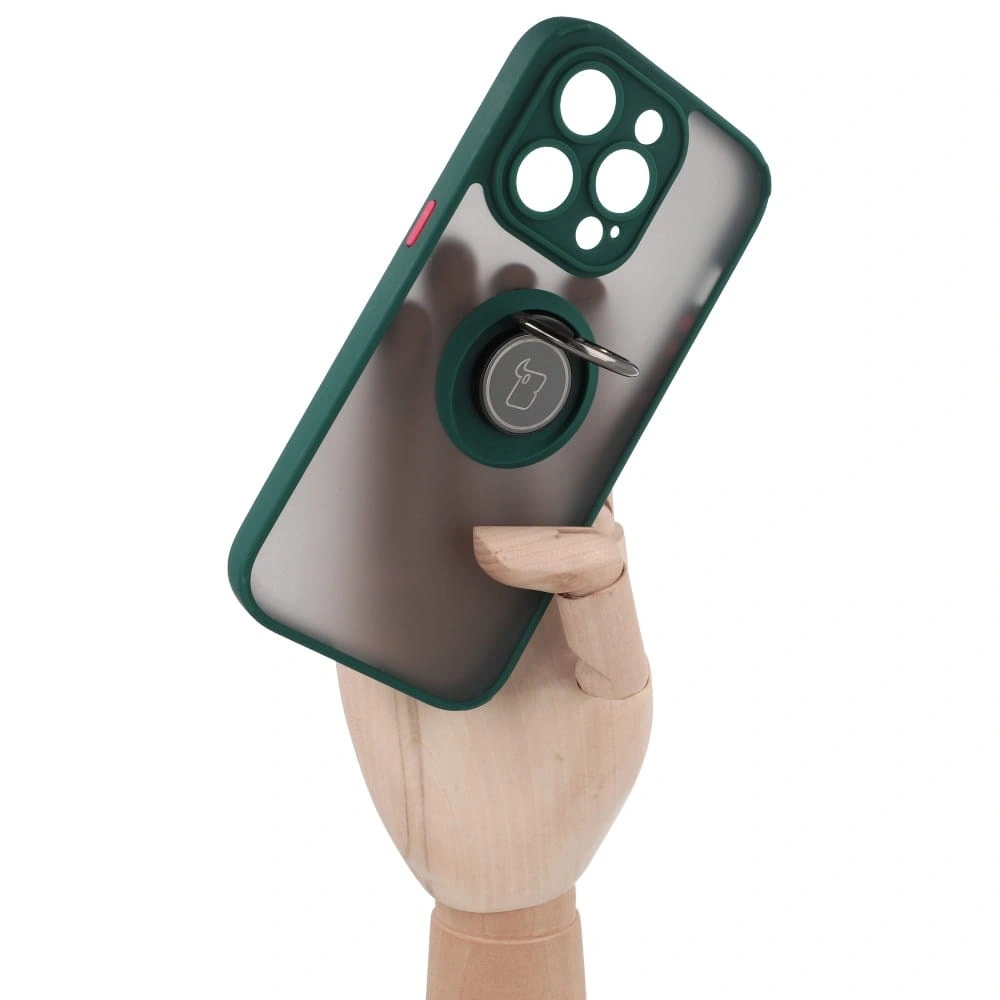 Etui z uchwytem na palec Bizon Case Hybrid Ring do Apple iPhone 14 Pro przydymione z ciemnozieloną ramką