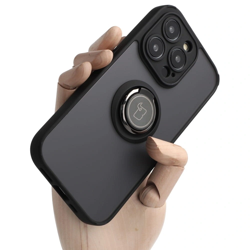 Etui z uchwytem na palec Bizon Case Hybrid Ring do Apple iPhone 14 Pro przydymione z czarną ramką