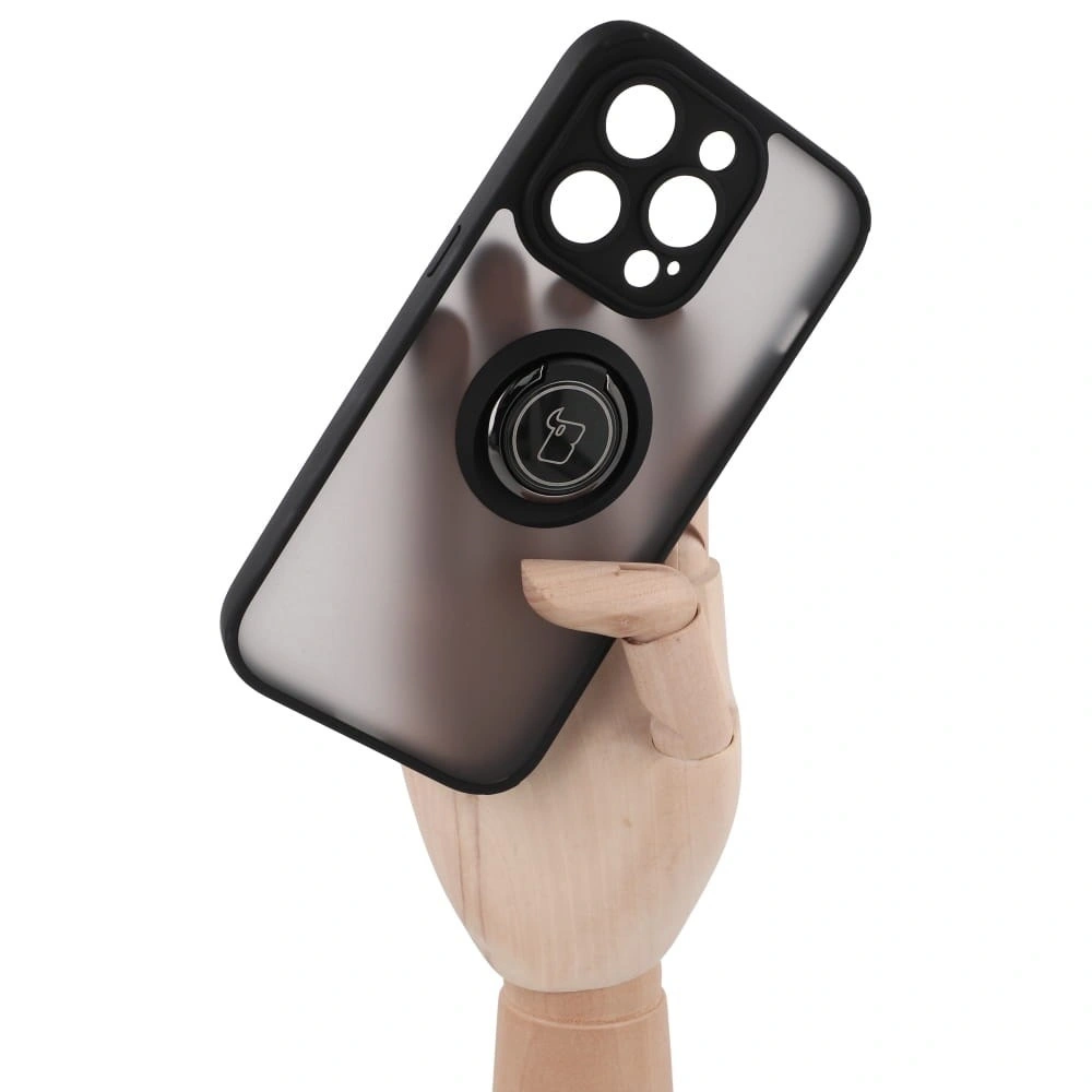 Etui z uchwytem na palec Bizon Case Hybrid Ring do Apple iPhone 14 Pro przydymione z czarną ramką