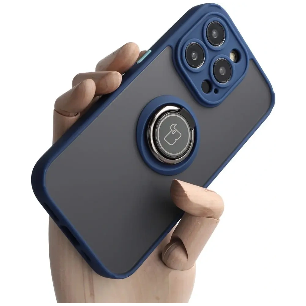 Etui z uchwytem na palec Bizon Case Hybrid Ring do Apple iPhone 14 Pro przydymione z granatową ramką