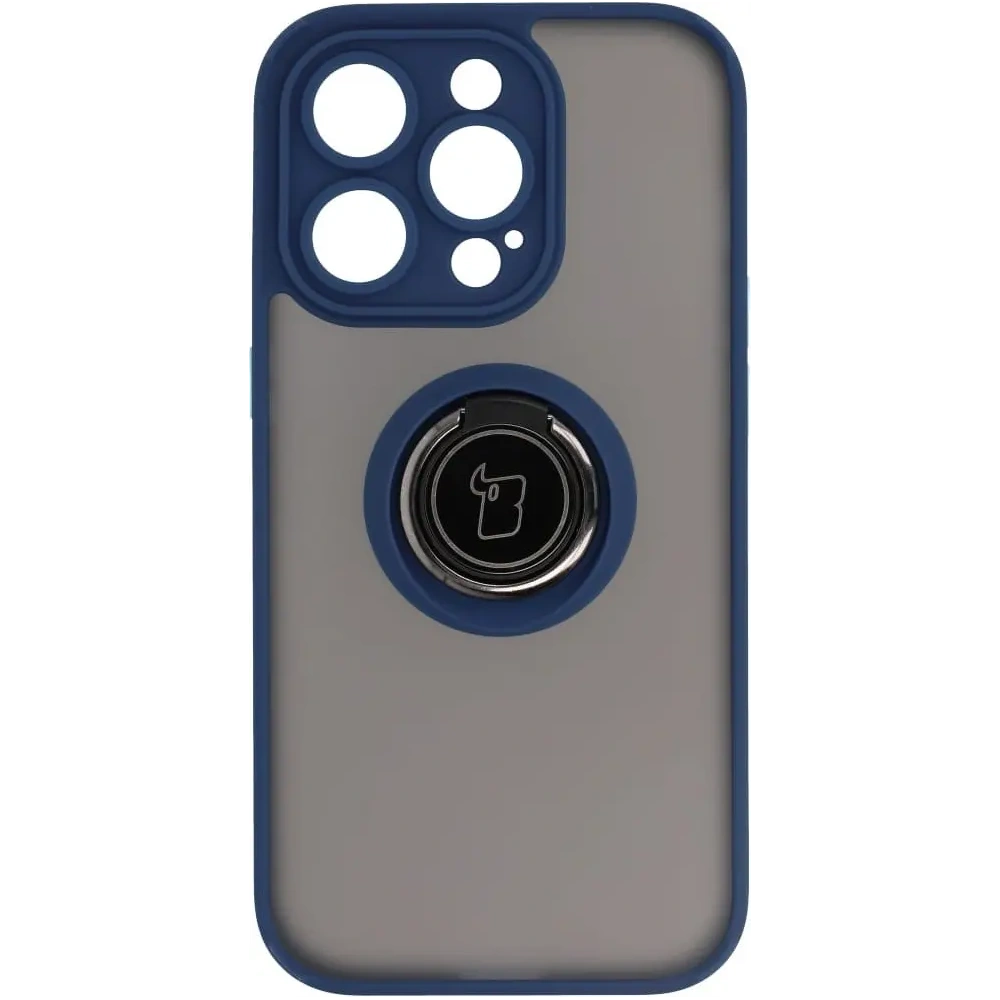 Etui z uchwytem na palec Bizon Case Hybrid Ring do Apple iPhone 14 Pro przydymione z granatową ramką