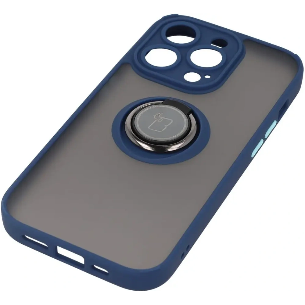 Etui z uchwytem na palec Bizon Case Hybrid Ring do Apple iPhone 14 Pro przydymione z granatową ramką