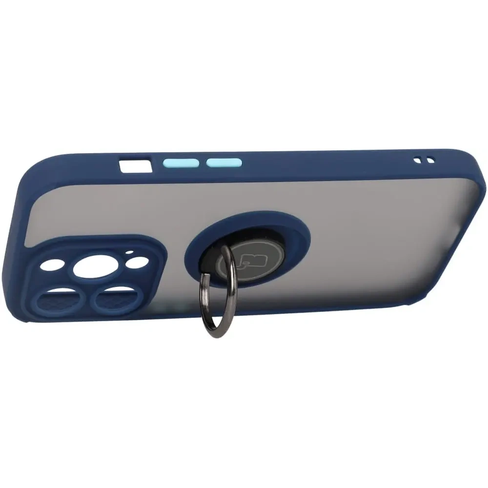 Etui z uchwytem na palec Bizon Case Hybrid Ring do Apple iPhone 14 Pro przydymione z granatową ramką